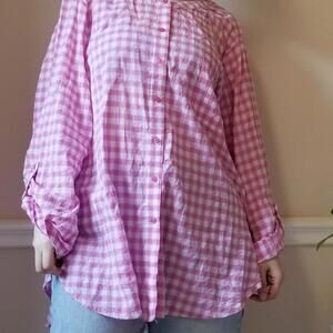 Pink gingham print button down blouse